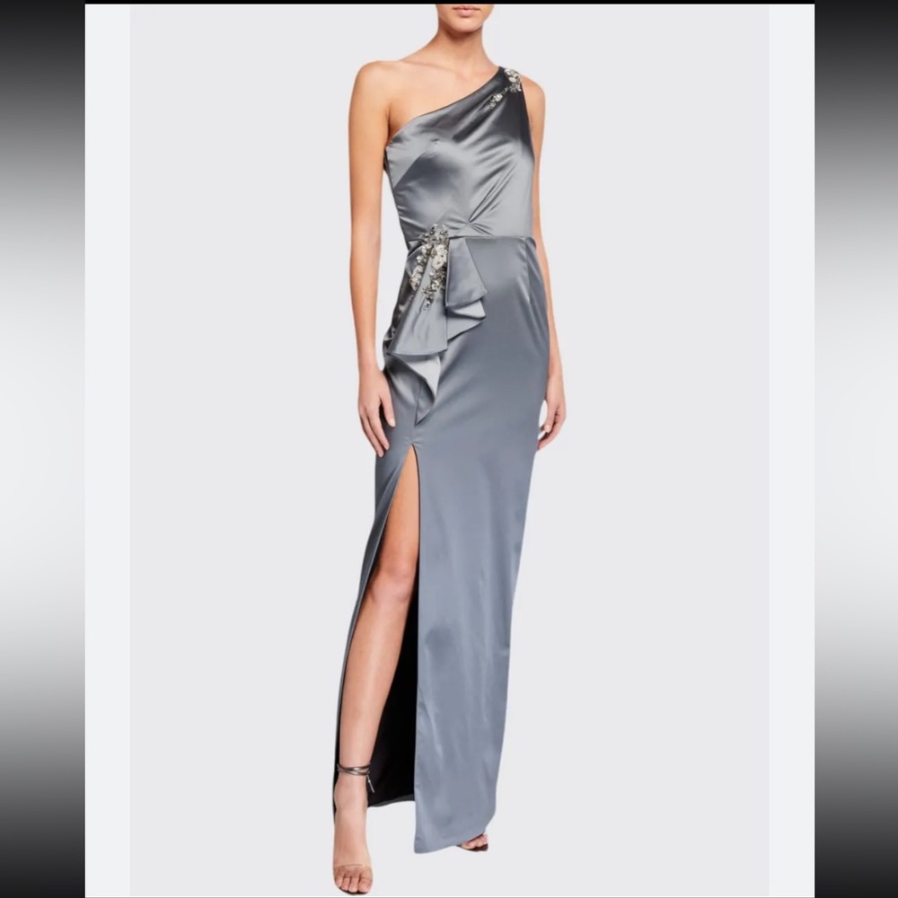 Marchesa Notte Gown One-Shoulder Stretch Satin Asymmetric Side Ruffle…